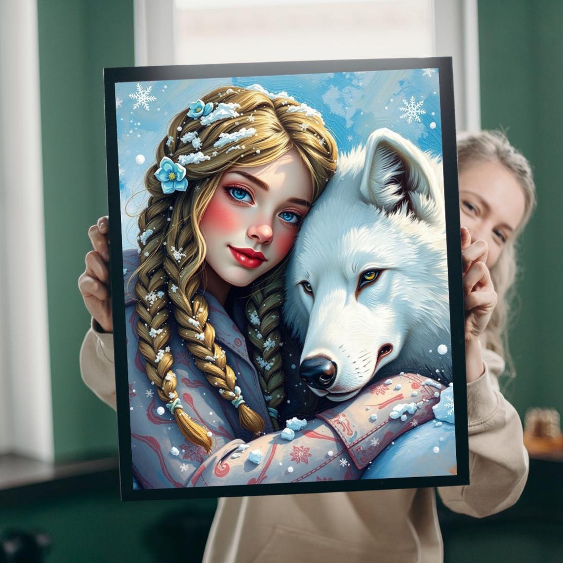 Girl Embracing White Wolf Winter Snow Blue Forest Art Poster