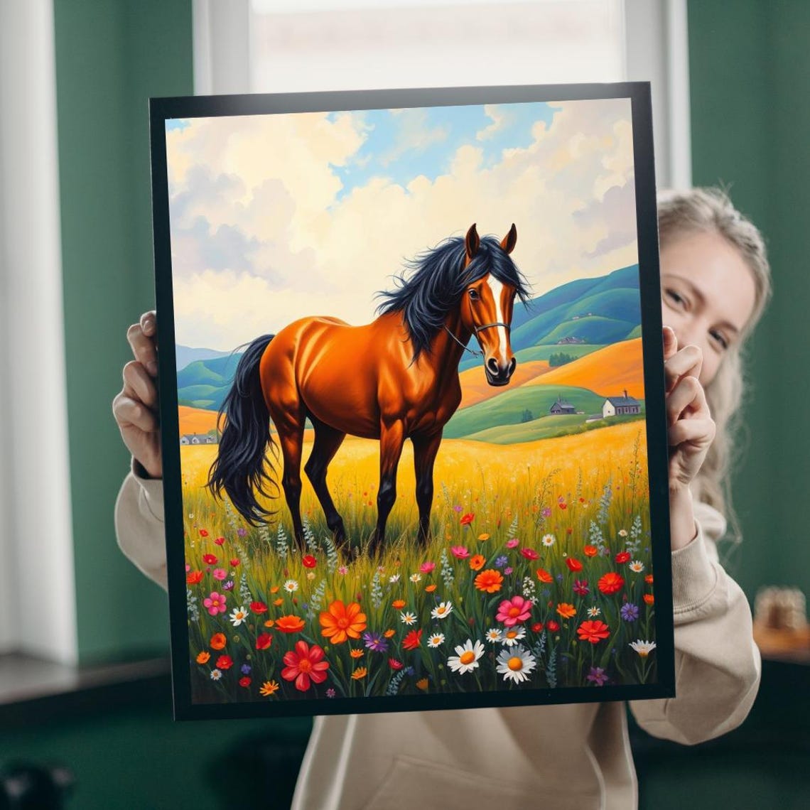 Chestnut Horse in Wildflower Meadow Rolling Hills Equestrian Poster