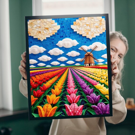 Colorful Mosaic Tulip Field With Windmill Bright Floral Art Poster