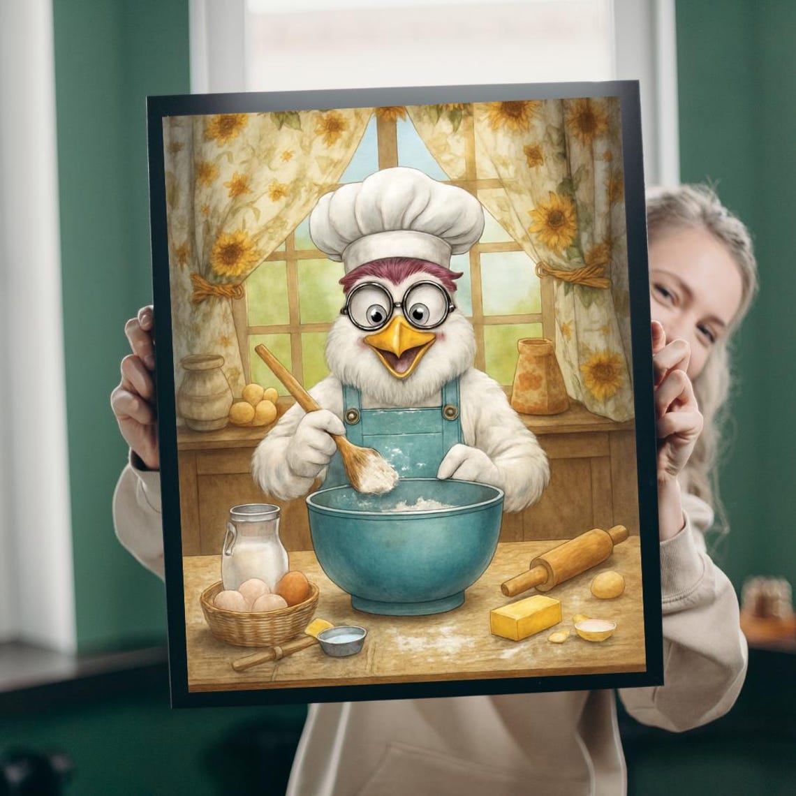 Funny Chicken Chef with Glasses Mixing Bowl Kitchen Baking Poster