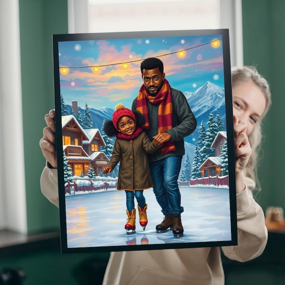 Father Daughter Ice Skating Snowy Village Sunset Winter Wall Art
