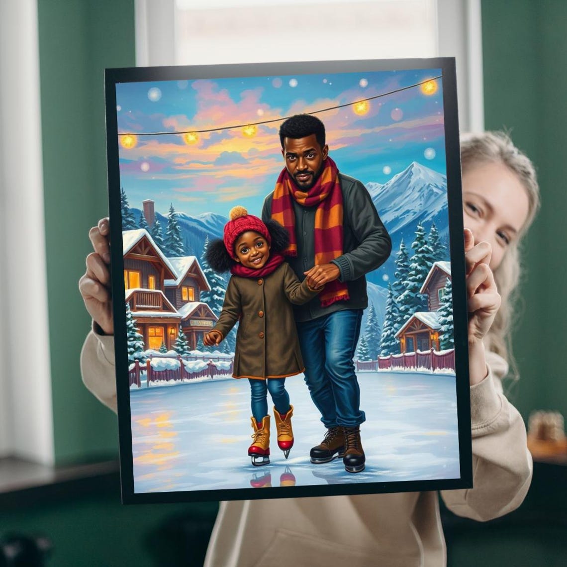 Father Daughter Ice Skating Snowy Village Sunset Winter Wall Art