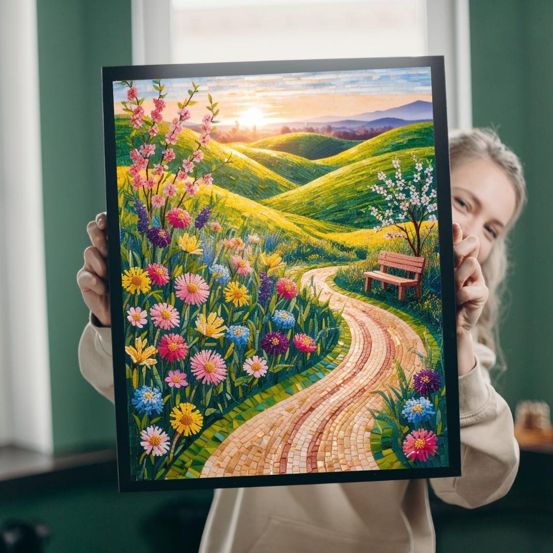 Sunset Garden Path Mosaic Style Rolling Hills Flower Art Poster