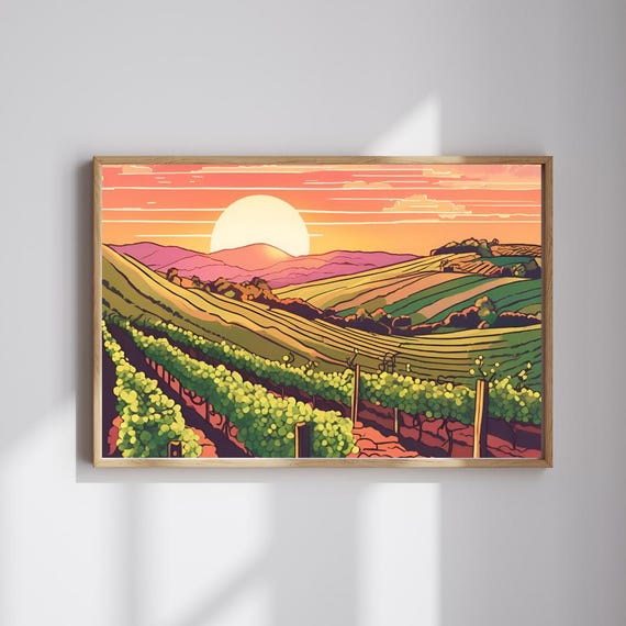 Sunrise Over Rolling Vineyard Rows Golden Morning Landscape Art Poster