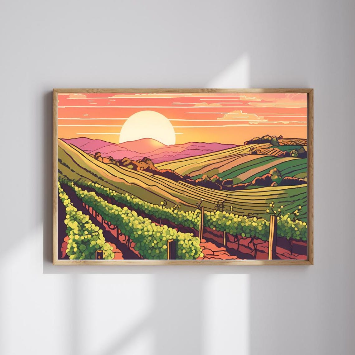 Sunrise Over Rolling Vineyard Rows Golden Morning Landscape Art Poster