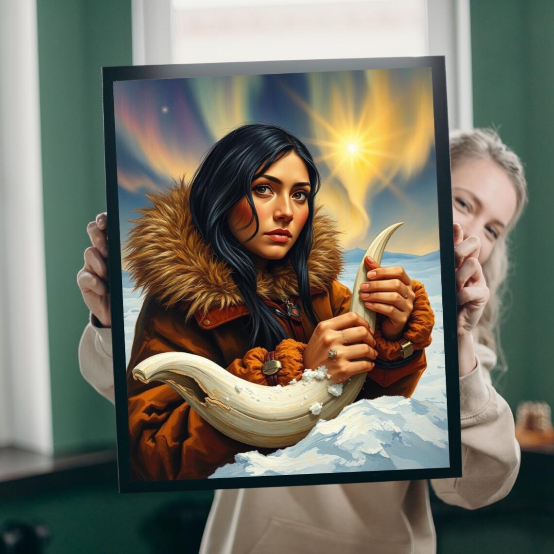 Inuit Woman Carving Walrus Tusk Arctic Snow Aurora Puzzle Art Poster