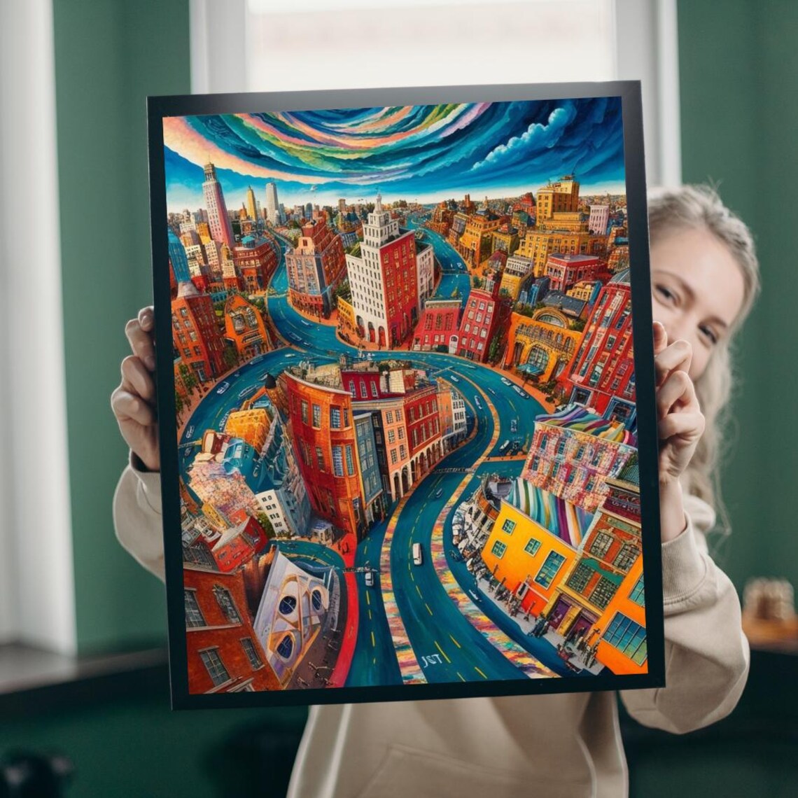 Vibrant Surreal Cityscape Colorful Streets Swirling Sky Art Poster
