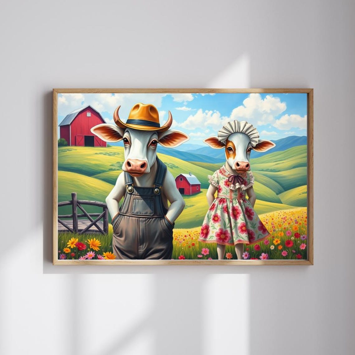 Cowboy Cow and Milkmaid Cow Whimsical Farm Couple Funny Art Poster