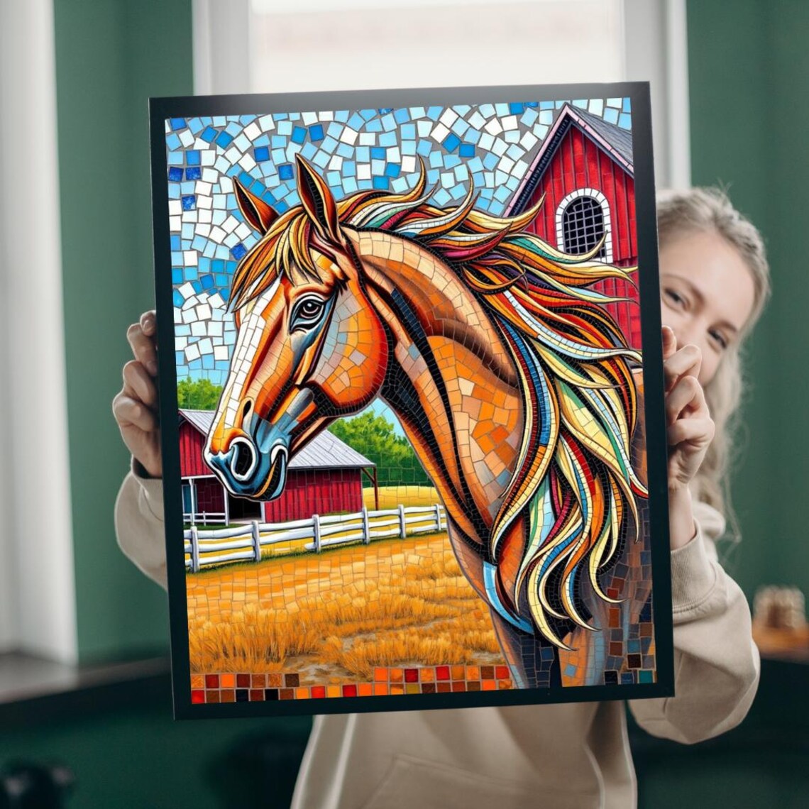 Farm Horse Mosaic Puzzle, Colorful Barn Scene