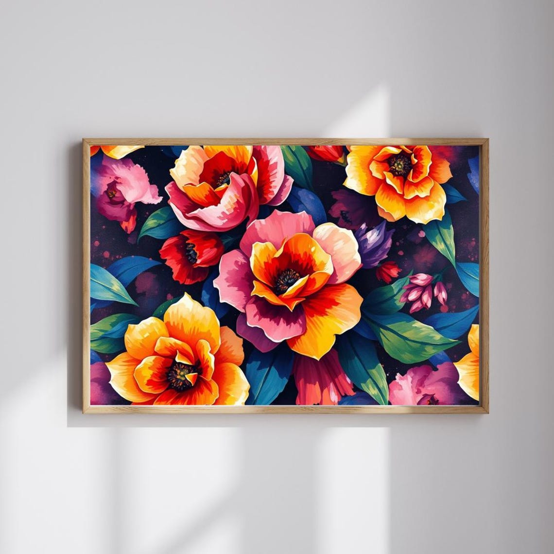 Bold Orange and Pink Floral Pattern on Navy Botanical Art Print