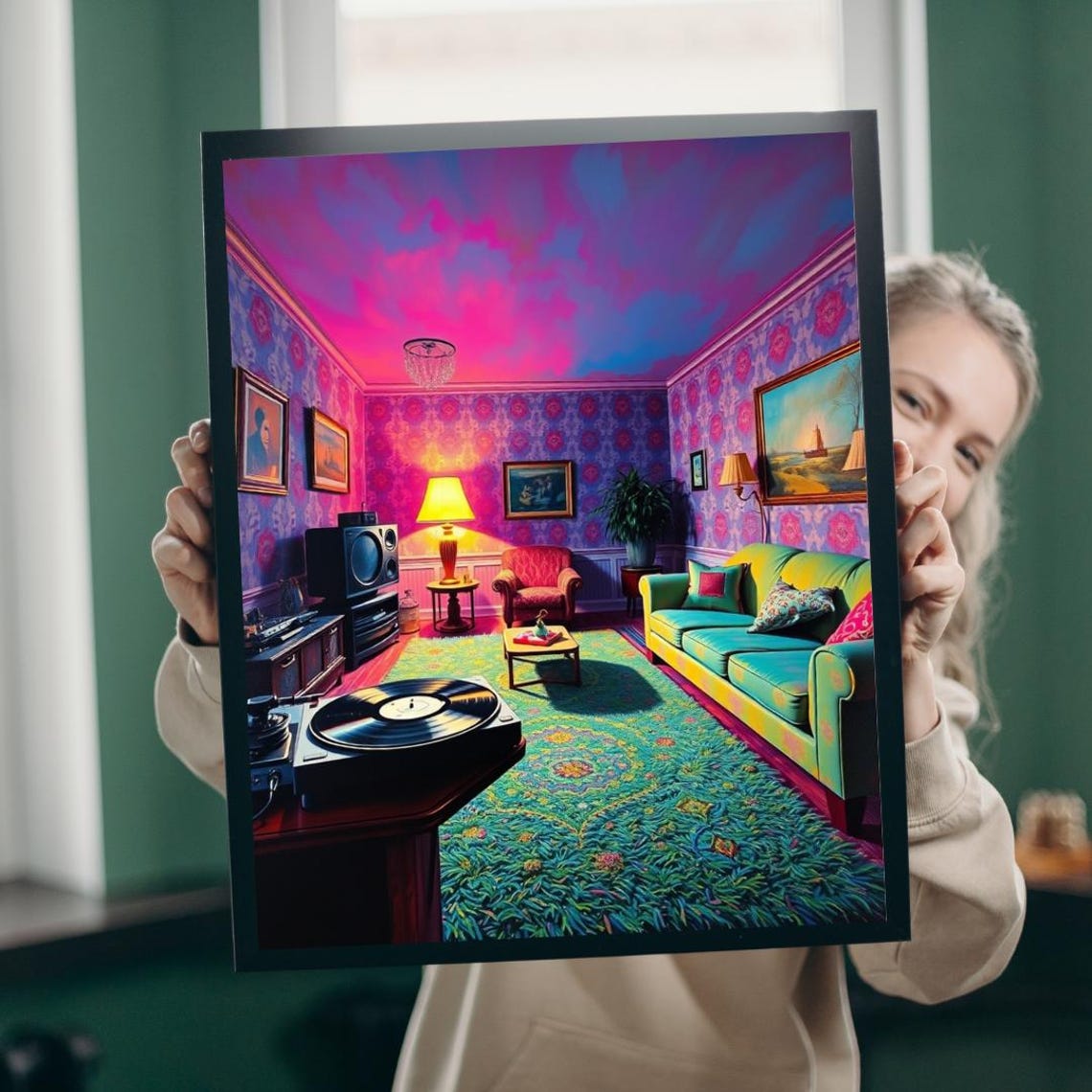 1970s Retro Living Room Neon Maximalist Vinyl Record Player Art Poster