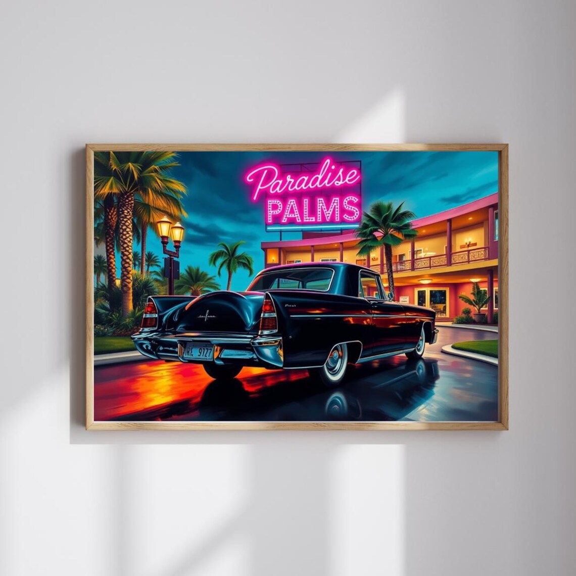 Paradise Palms Neon Motel Sign Black 1950s Classic Car Night Art Print