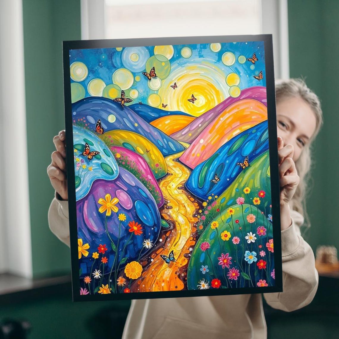 Rainbow Hills With Golden River Butterflies Fantasy Landscape Poster
