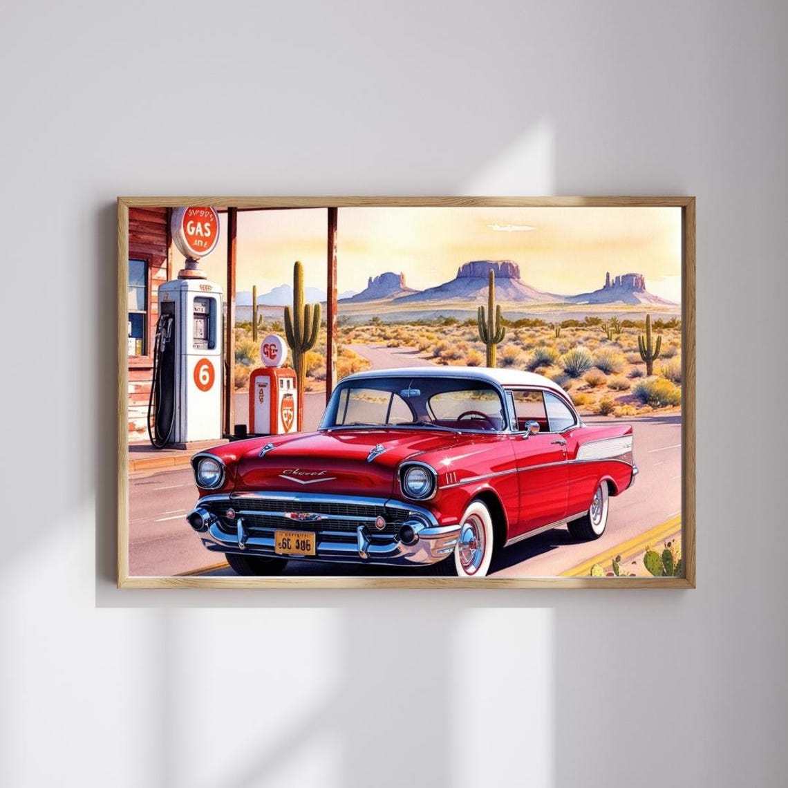 1957 Chevrolet Bel Air Route 66 Desert Gas Station Classic Car Poster