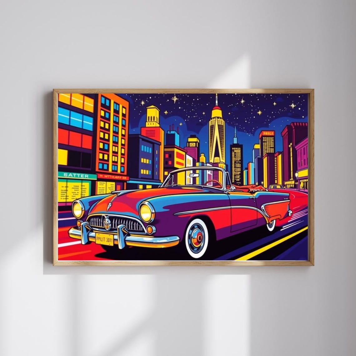 Classic Convertible Cruising Neon City Night Pop Art Car Poster