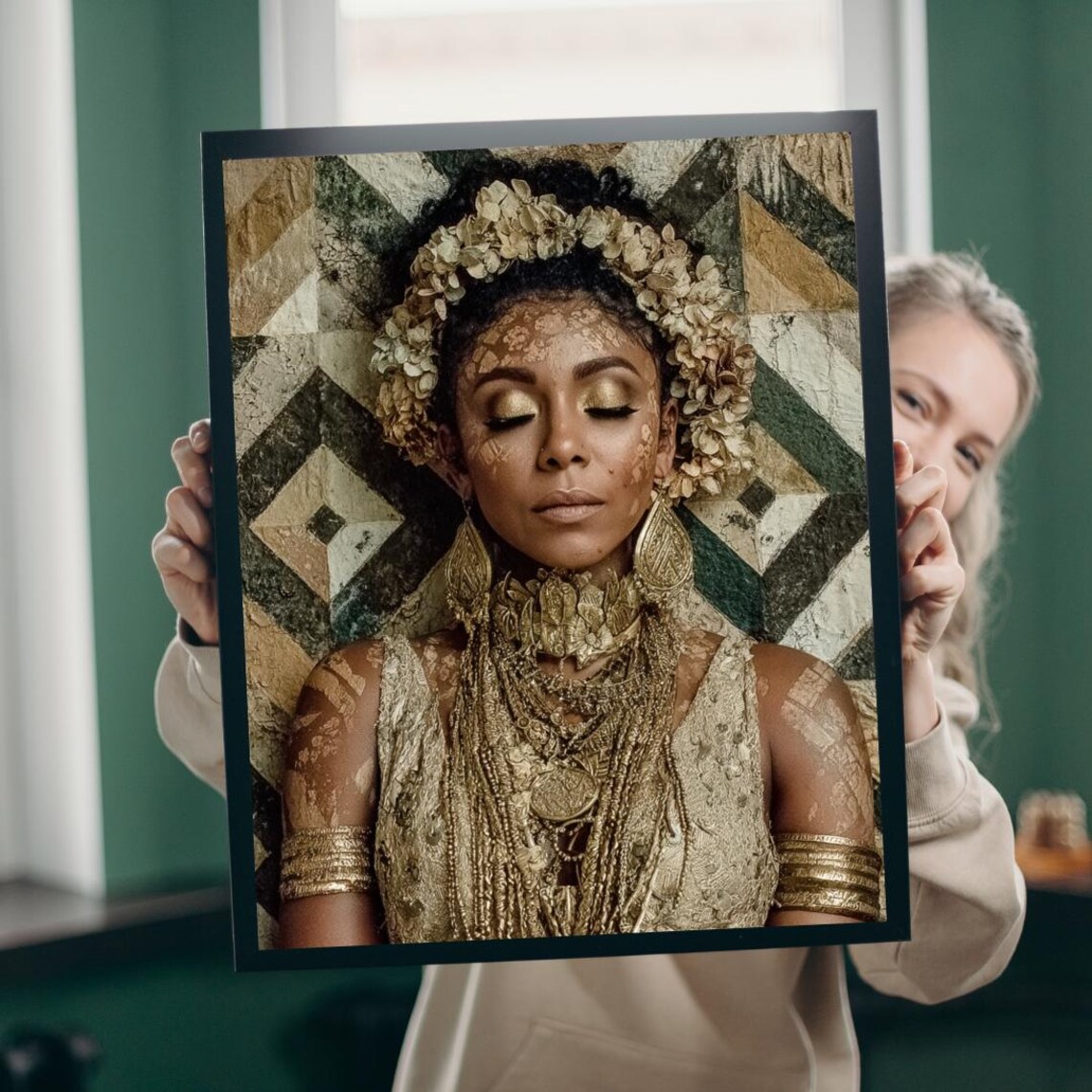Golden African Queen Portrait Gold Jewelry Floral Crown Wall Art