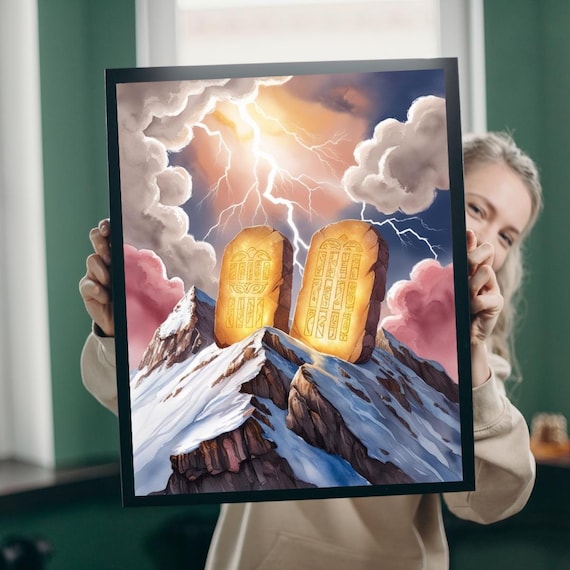 Ten Commandments Stone Tablets Mount Sinai Lightning Painting Poster