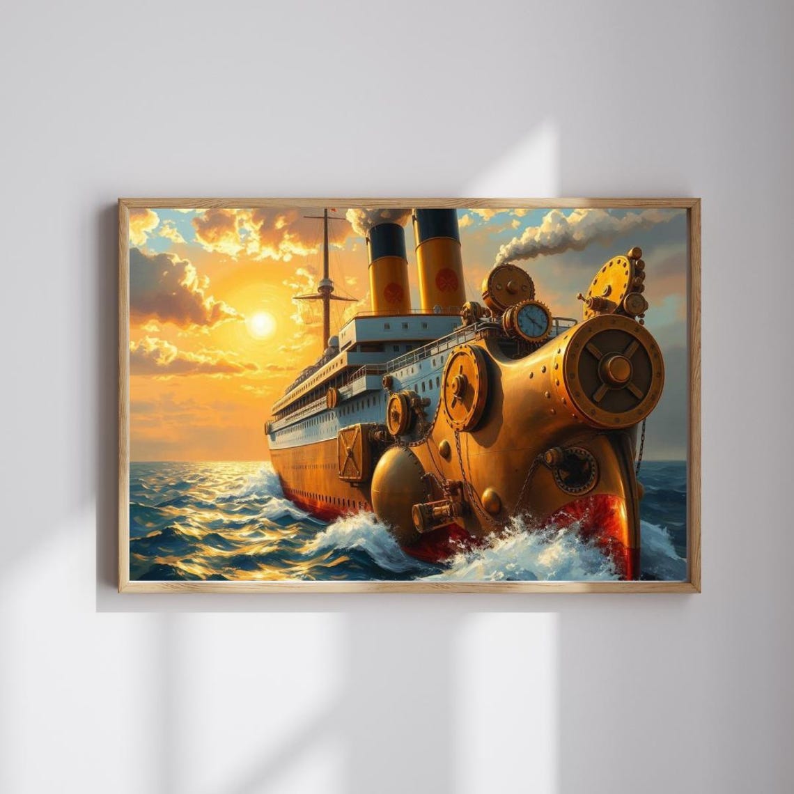 Steampunk Steamship Battleship Sunset Ocean Voyage Art Print