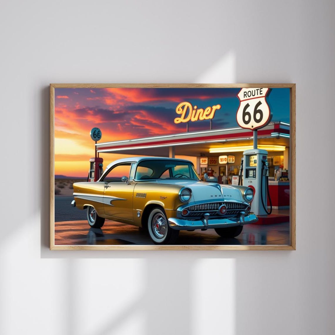 Classic 1950s Gold Coupe At Route 66 Diner Sunset Roadside Poster