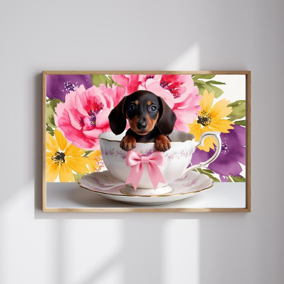 Dachshund Puppy In Teacup With Pink Bow Floral Cute Art Poster