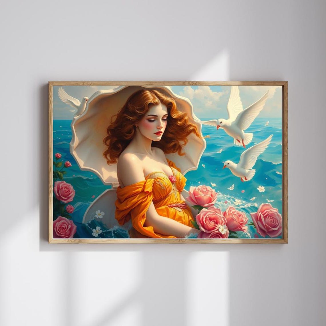 Aphrodite In Seashell With Doves Romantic Goddess Fantasy Art Print