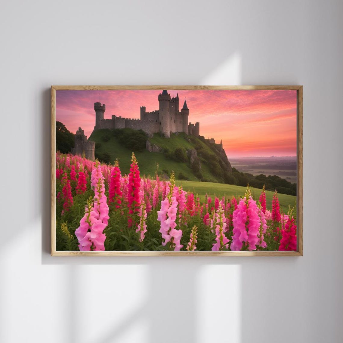 Medieval Castle Hill Pink Sunset Snapdragon Flower Meadow Art Poster