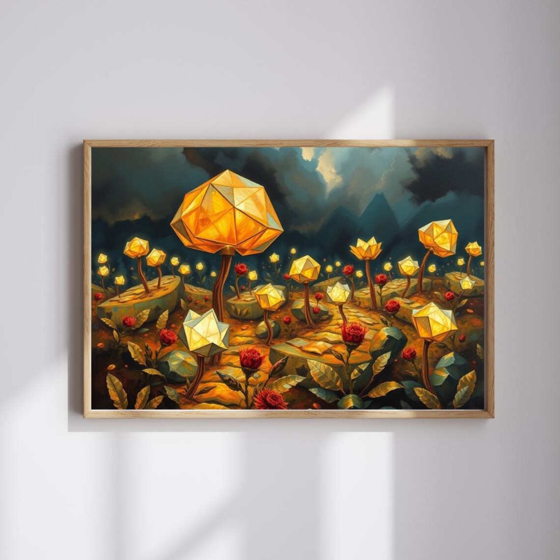 Geometric Glowing Crystal Flowers Night Garden Fantasy Lantern Art Poster
