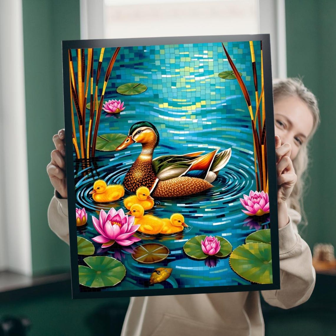 Mosaic Mother Duck with Ducklings on Lily Pond Lotus Scene Poster