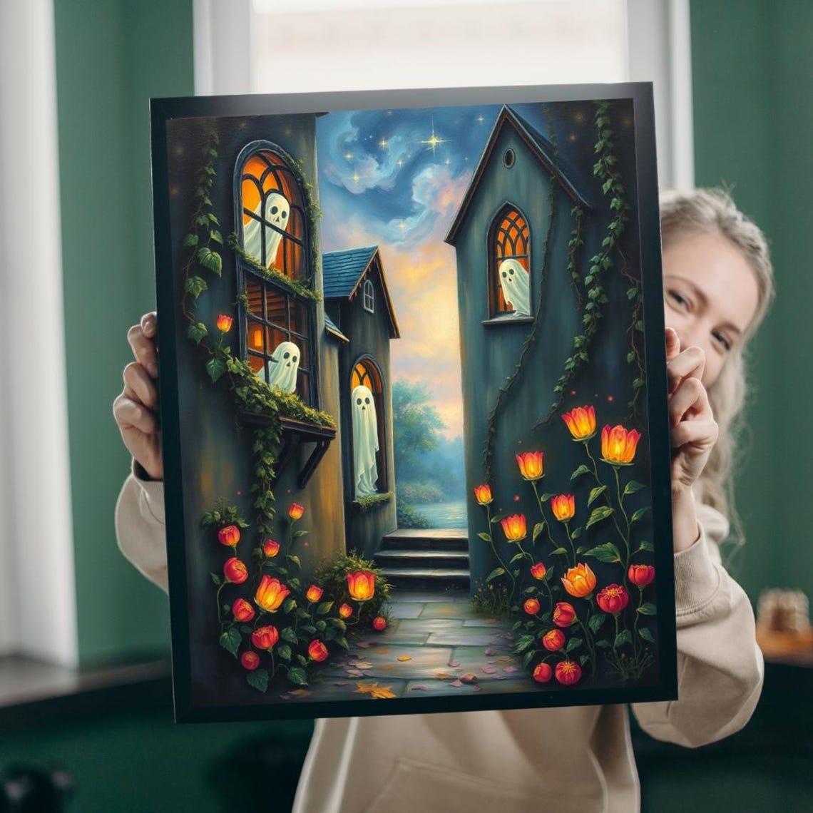 Cute Ghosts in the Windows of a Dark Cottage at Dusk Art Poster