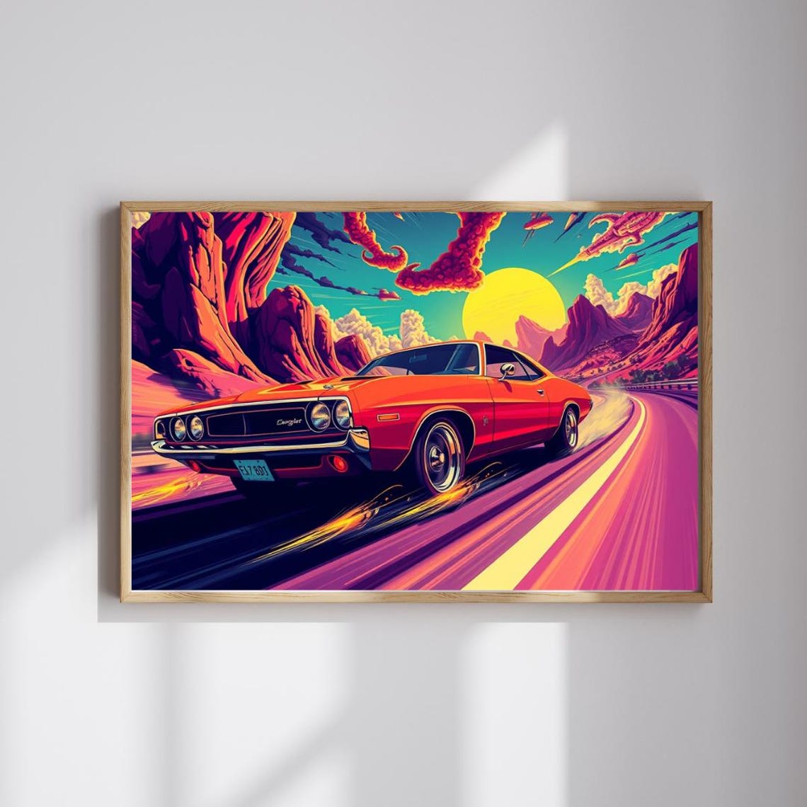 Retro Orange Muscle Car Racing Desert Sunset Canyon Pop Art Print