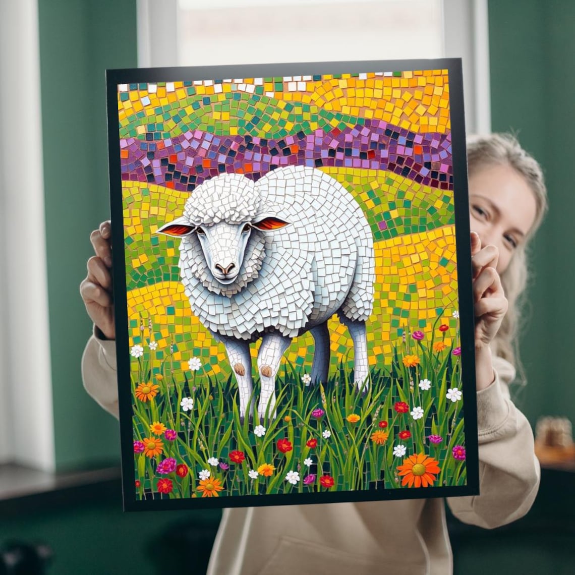 Mosaic Sheep Puzzle, Colorful Meadow Poster Print