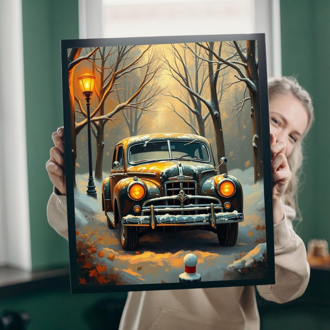 Vintage Orange Car Snowy Winter Street Lamp Classic Auto Poster