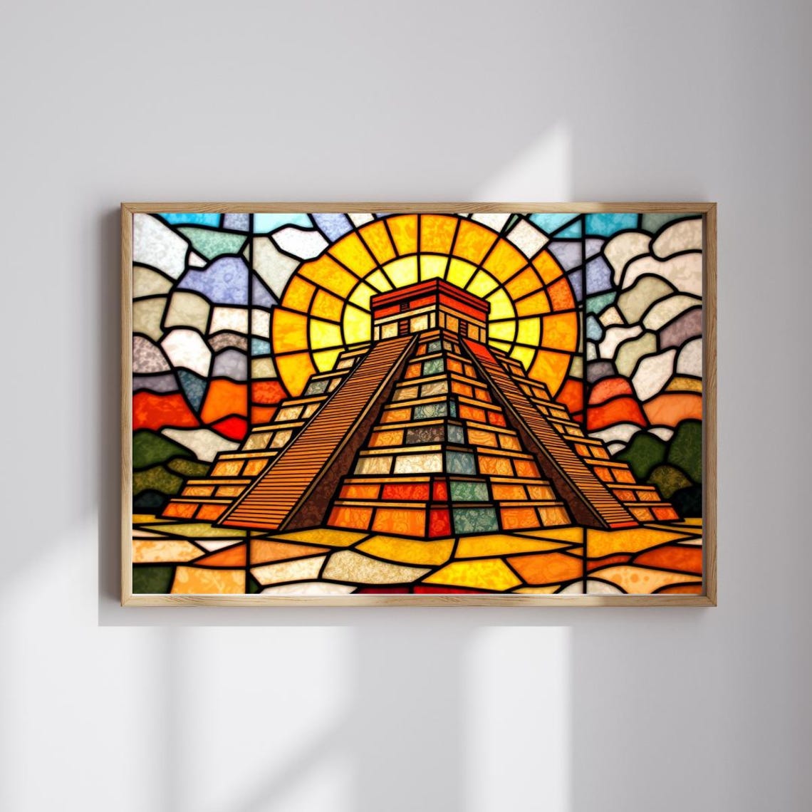 Vibrant Chichen Itza Mayan Pyramid Sunrise Stained Glass Poster
