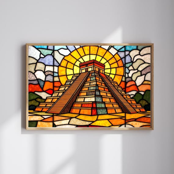 Vibrant Chichen Itza Mayan Pyramid Sunrise Stained Glass Poster