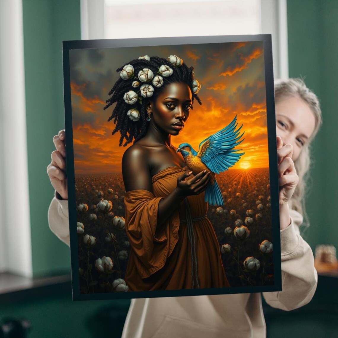 Woman With Blue Bird Cotton Field Golden Sunset Radiant Art Print