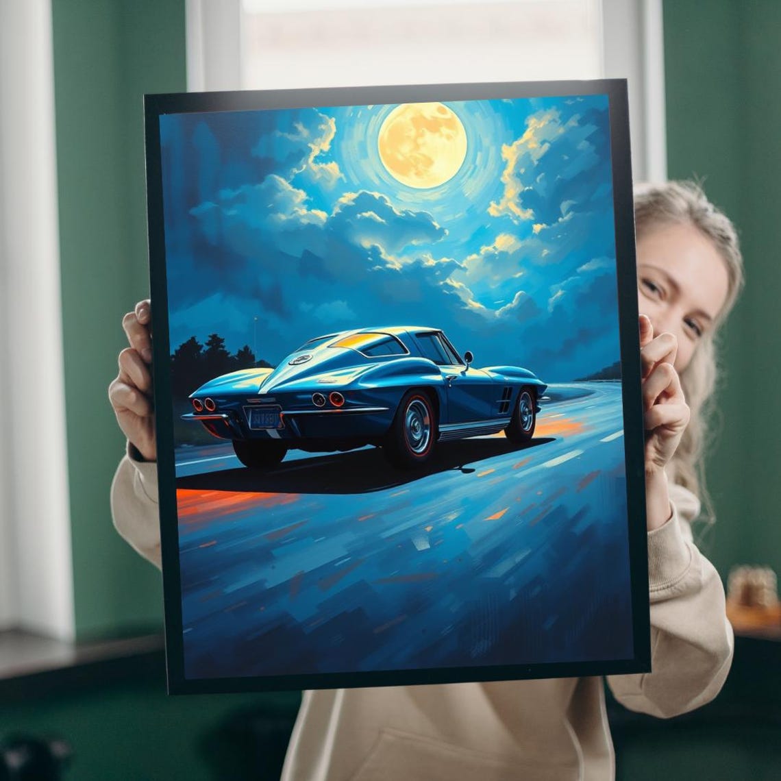 Chevrolet Corvette 1963 Blue Moonlit Night Drive Classic Car Poster