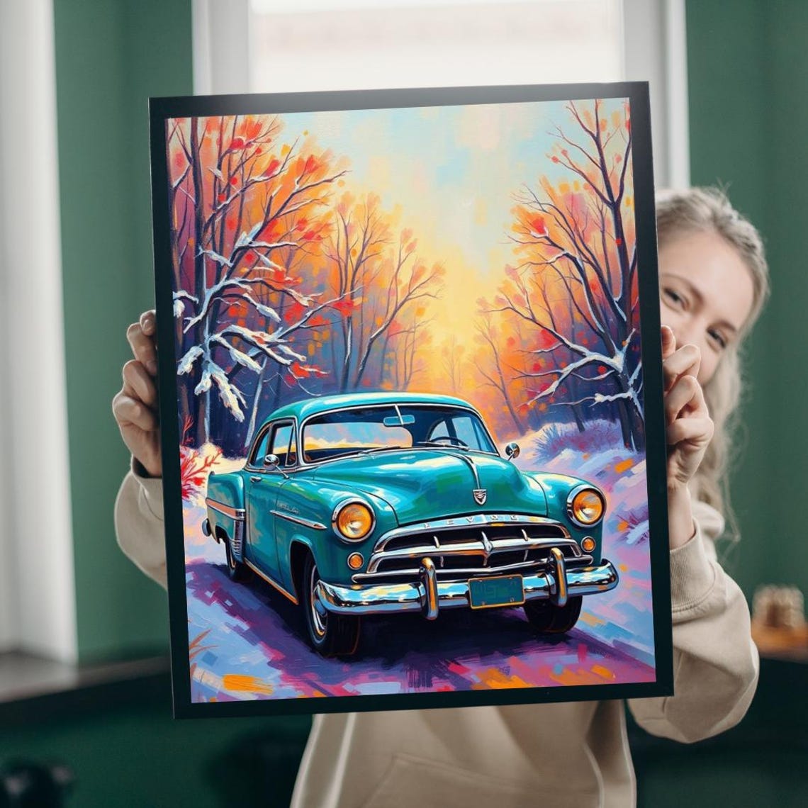 Vintage Turquoise Car Snowy Winter Forest Retro Auto Art Poster