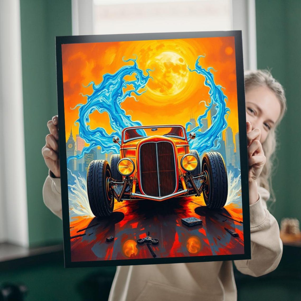 Fiery Vintage Hot Rod With Blue Flames Full Moon City Art Poster