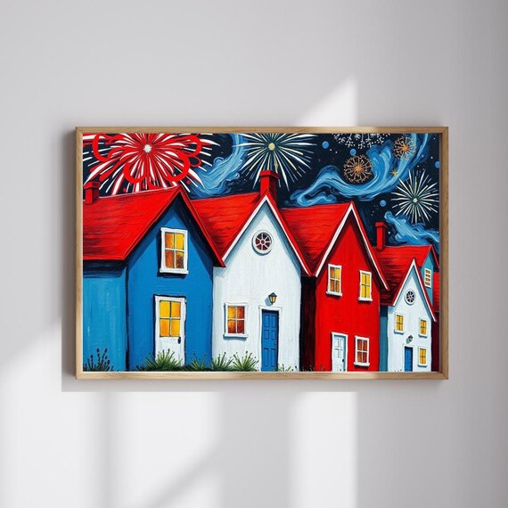 Fireworks Over Red White And Blue Houses Patriotic Folk Art Poster
