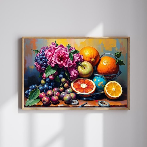 Pink Roses Grapes Citrus Fruit Still Life Painting Kitchen Art Poster