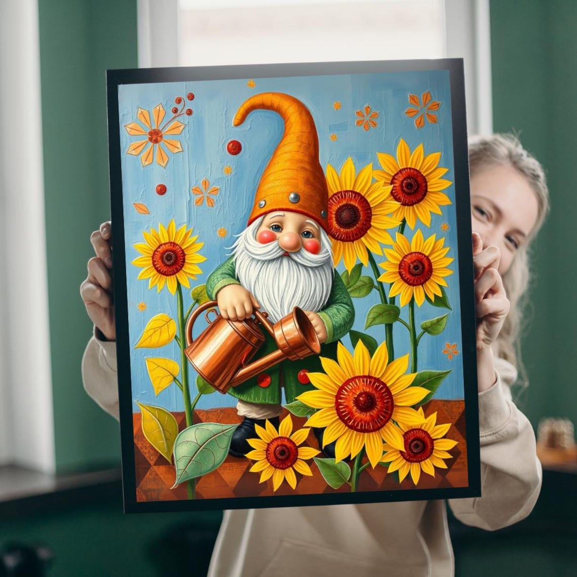 Nordic Garden Gnome Sunflowers Copper Watering Can Art Poster