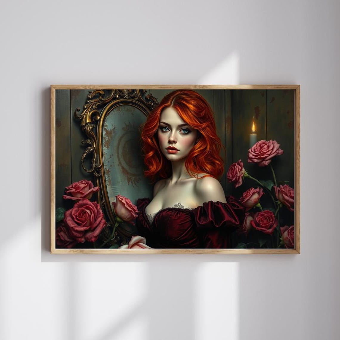 Red Haired Gothic Woman Dark Romantic Red Roses Portrait Poster