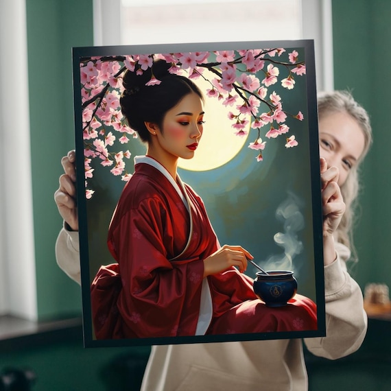 Woman in Red Kimono with Tea Under Cherry Blossoms Art Poster