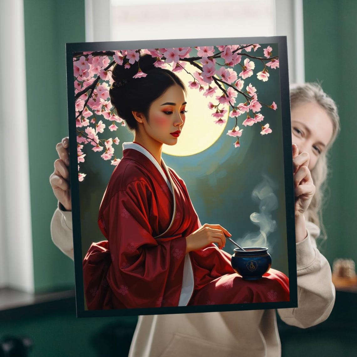 Woman in Red Kimono with Tea Under Cherry Blossoms Art Poster