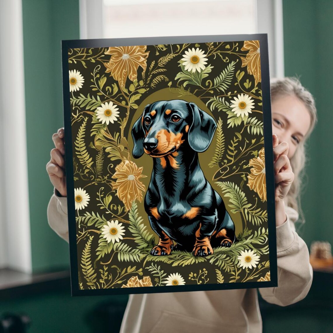 Dachshund Botanical Floral Portrait William Morris Style Dog Art Cute Wall Poster