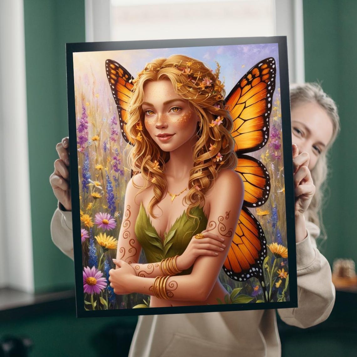 Spring Wildflower Fairy Monarch Wings Golden Sunlit Meadow Poster