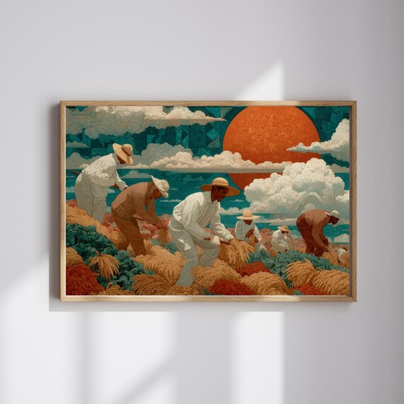Afrocentric Black Art Jigsaw Puzzle Sharecroppers In Golden Fields With Quiltpattern Sky