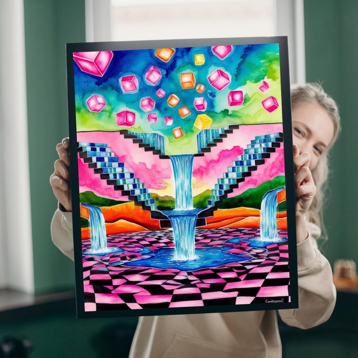 Surreal Trippy Staircase Waterfall Dream Landscape Art Poster