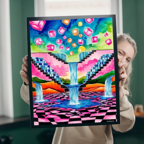 Surreal Trippy Staircase Waterfall Dream Landscape Art Poster