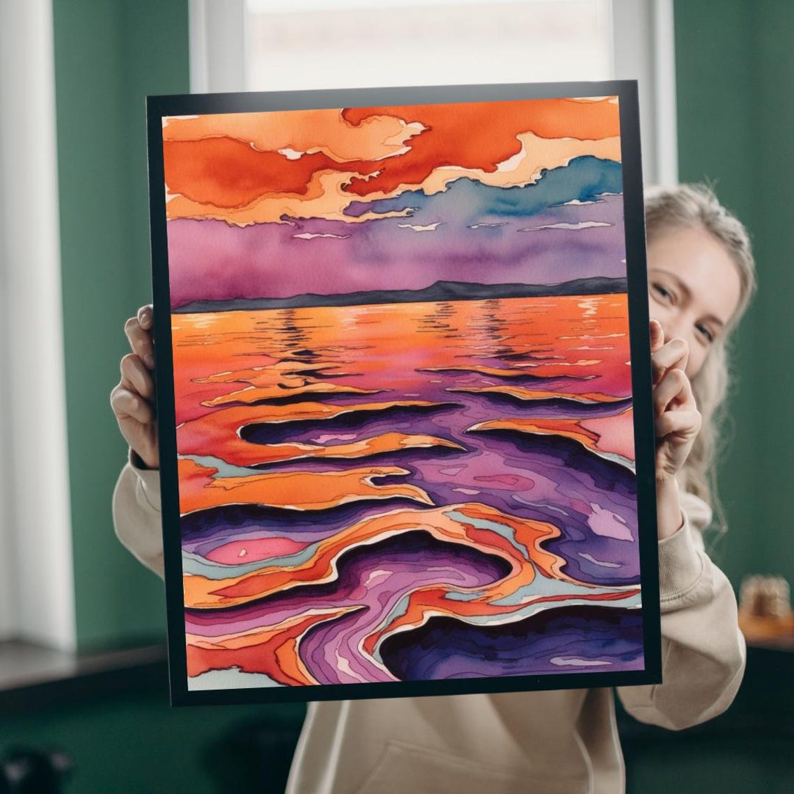 Fiery Orange Sunset Over Water Abstract Seascape Painting Wall Art